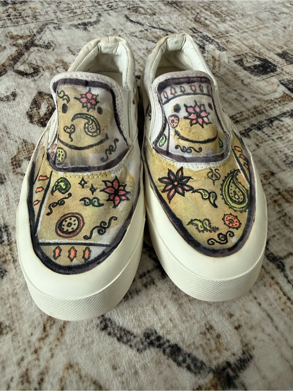 Maison Kitsune Hand-Painted Slip-On Canvas Sneakers in Yellow Floral Paisley